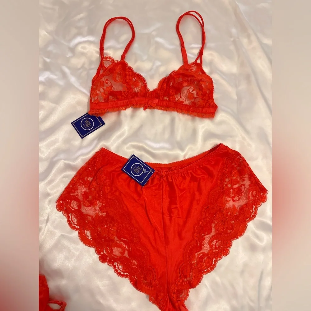 La Perla Vintage Fiery Red Lace Bra Set four pieces . - Picture 3 of 14